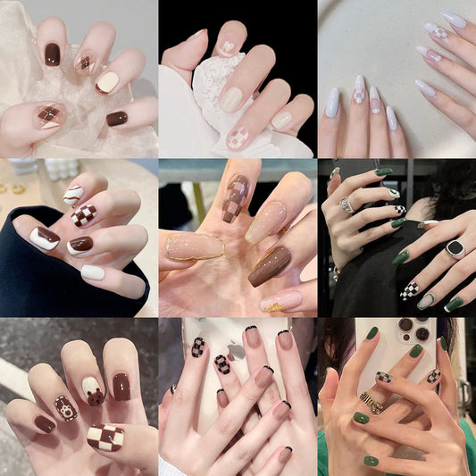 Fashion  nail Wearable Nail Sticker Chessboard Grid Wearable Nail Sheet Nail Shaped Piece Removable Nail Patch Finished Nail