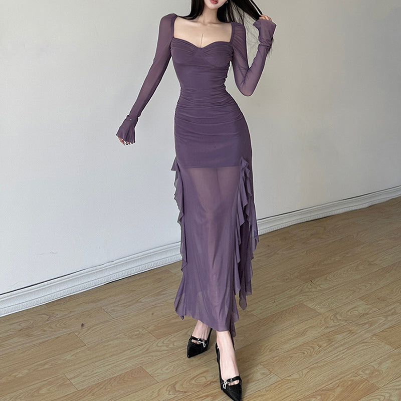 Free shipping   new women's clothing solid color slim-fitting high-waisted fashion square neck long-sleeved mesh dress tops
