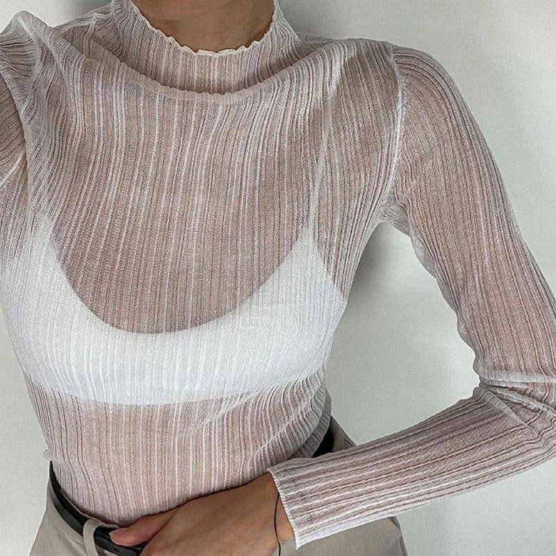 Free shipping  new women's clothing long-sleeved mesh see-through T-shirt women's solid color turtleneck slim-fit top tops