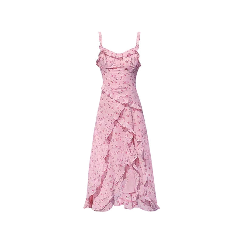 Fashion women's wear Pink Floral Strap Dress Women's Early Spring Dopamine Wear Match 2024 New Korean Style Ruffled Skirt Summer