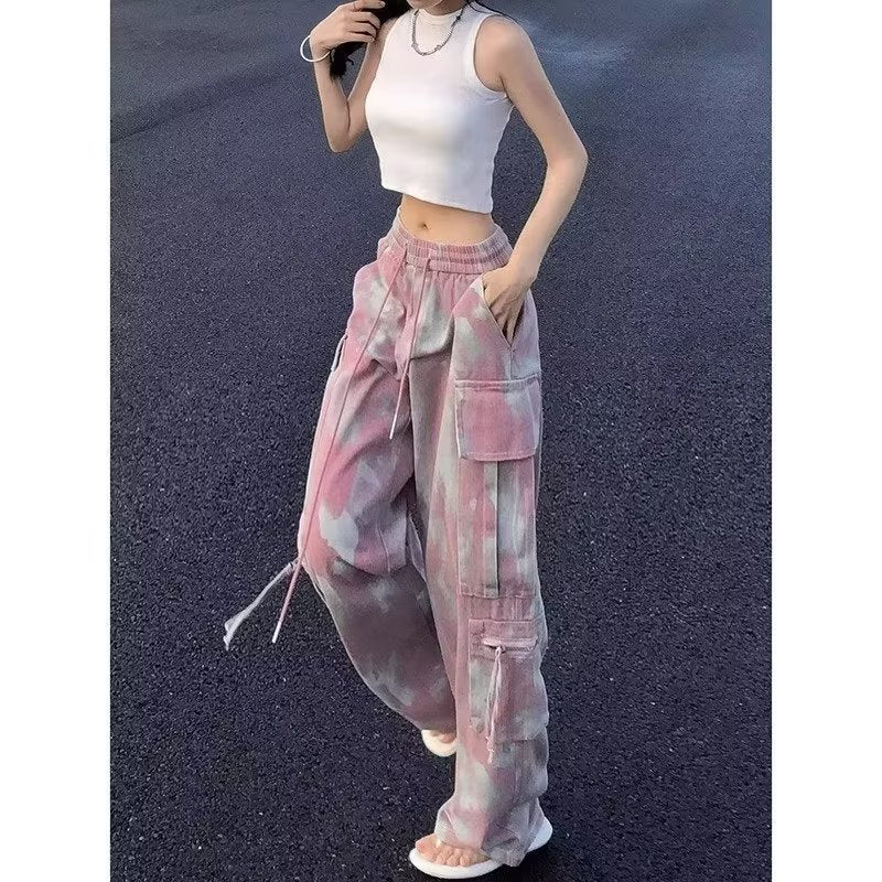 Dopamine pants Free shipping Tattoo Design sense dopamine wear pink camouflage overalls women's summer street high waist elastic sweet casual trousers