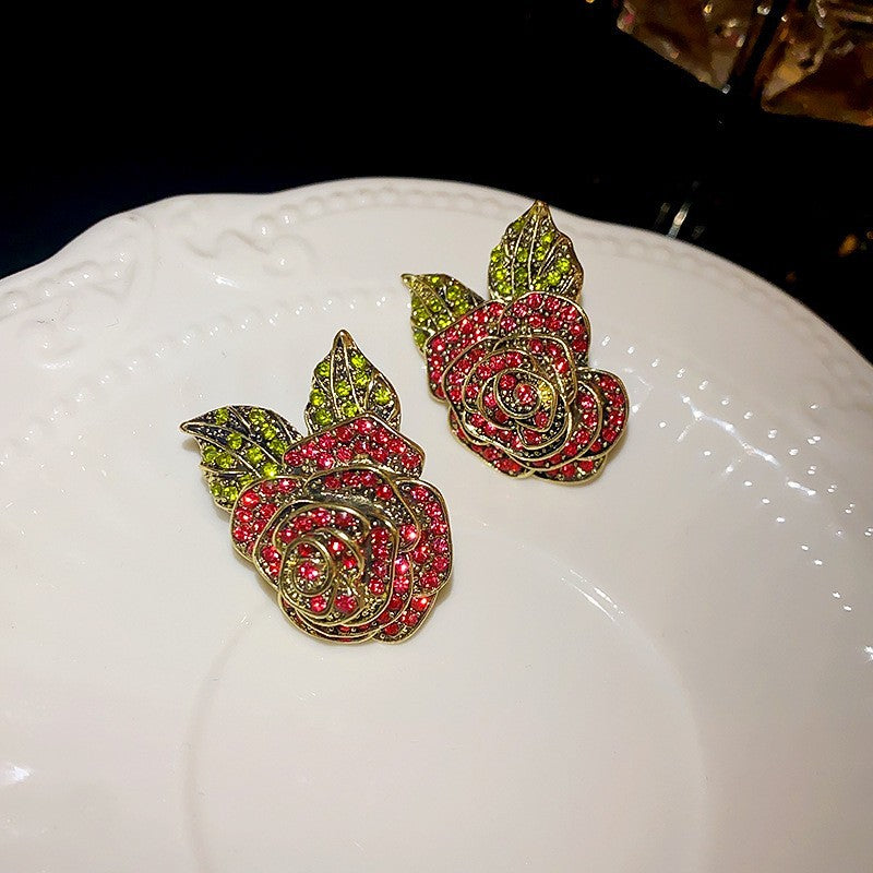银针镶钻虎眼石花朵耳环夸张复古高级感耳钉中古时尚气质耳饰批发