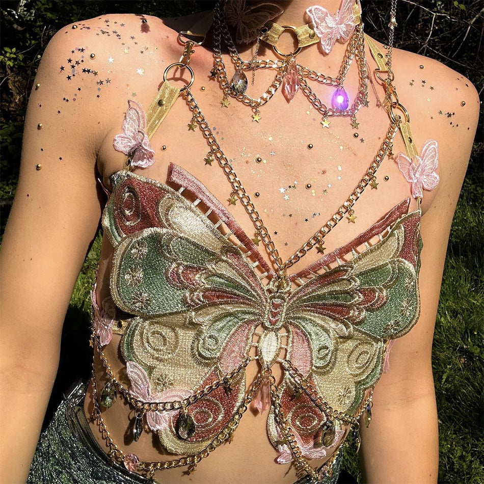 Free shipping butterfly splicing metal crystal pendant ultra-short sling small vest tops