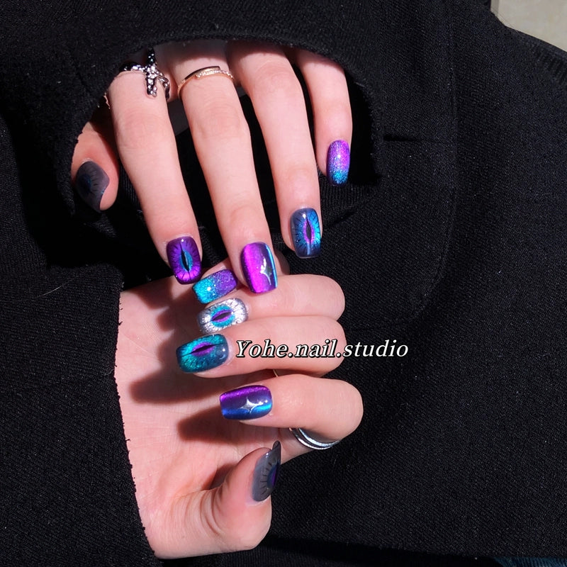 (Hand-made nail) Yoho Studio Phantom Eye Cat Eye Ins Wind Wearing Nail Art Custom Fake Nails Handmade Custom Short Nails