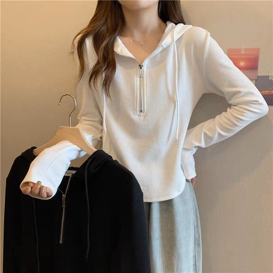 Dopamine tops Free shipping Tattoo Hooded sweater women's long-sleeved autumn new Korean version large size slim-fitting short zipper versatile and thin top women