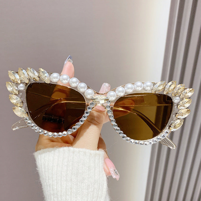 Women's fashion glasses 跨境新款镶钻太阳镜 欧美时尚网红ins水钻眼镜个性嘻哈珍珠墨镜女