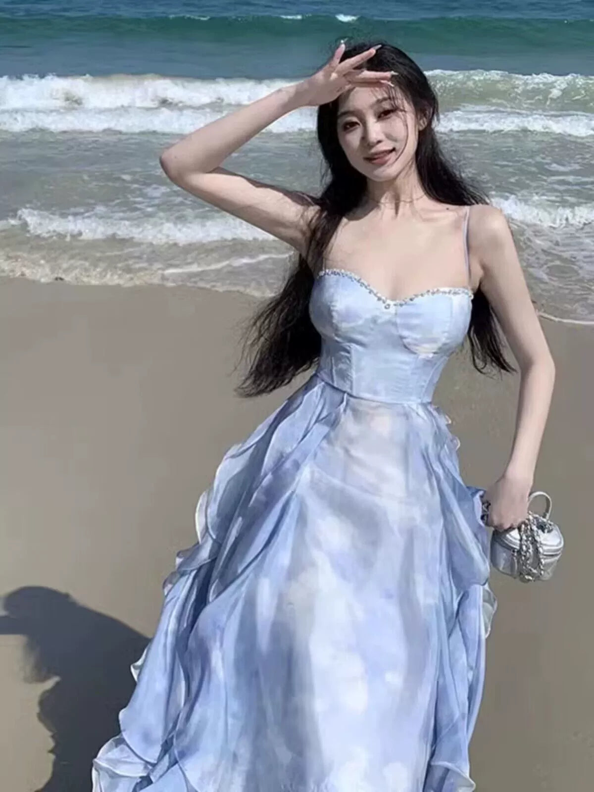 Fashion women's wear French Style Design Niche Sling Dress Women's Seaside Vacation Beach Dress Sunset Fairy Dress Flounced Skirt