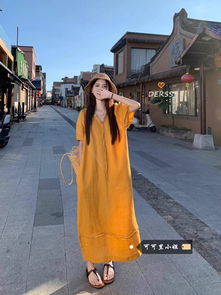 Dopamine dress Free shipping Tattoo Dopamine Lantern Sleeve Dress Women's Autumn New Loose V-Neck Lace-Up Lazy Style Chic Over Knee Long Skirt