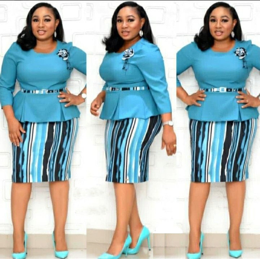 Fashion women's wear 2xl-6xl  plus Size Women's Clothing Sleeve Printing Color Contrast Dress Jx058