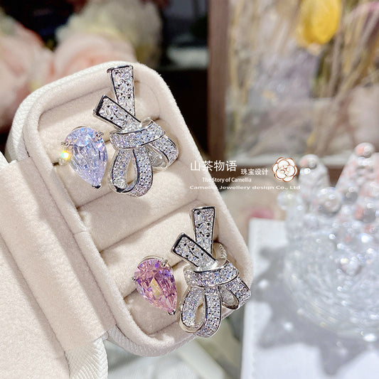 Camellia糖果粉水滴宝石花戒指 精工镀18K 蝴蝶结微镶5A粉锆指环