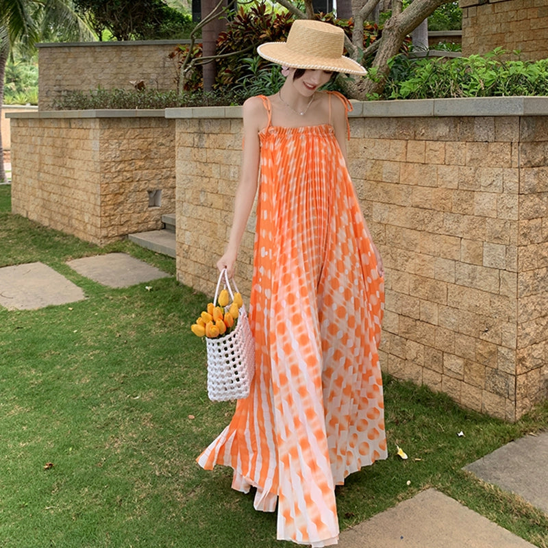 Fashion women's wear Tie-Dyed Floral Strap Dress Women's Summer French off-Shoulder Dopamine Sanya Seaside Vacation Beach Long Skirt
