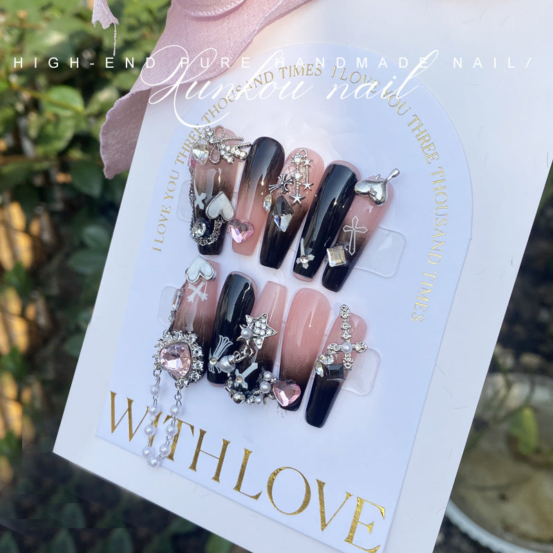 (Hand-Made Nail) Handmade Wear Nail Factory Straight Hair Sweet Hot Girl Ice through Pink Black Gradient Coloring Flash Heart Cool