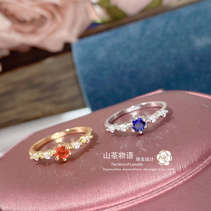 Camellia小富婆百搭新款镀金红宝石戒指 微镶精致红刚玉时尚尾戒