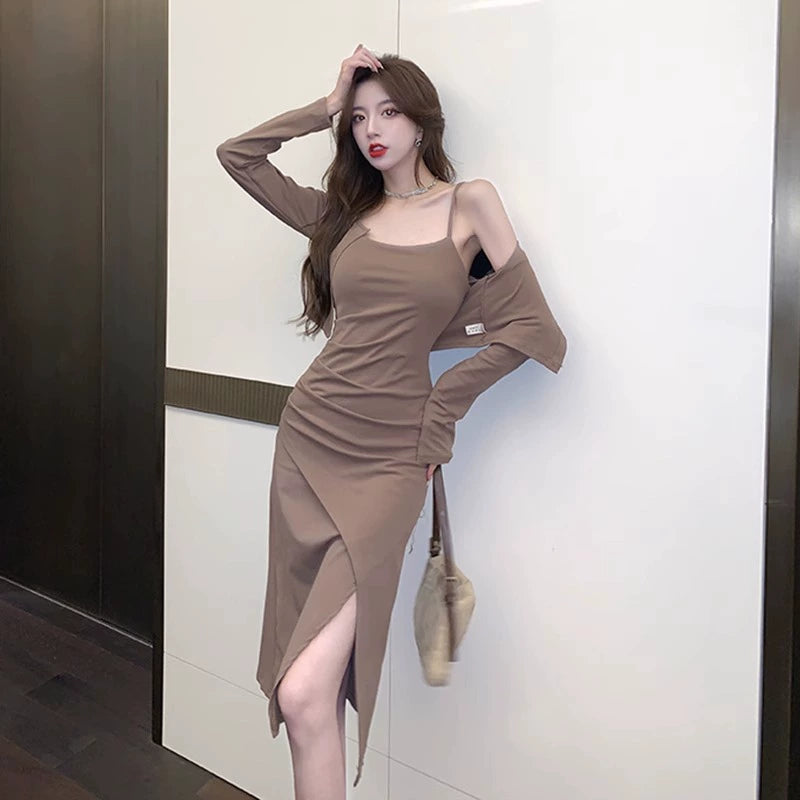 Fashion women's wear Small Hot Girl Suit Women's Spring and Autumn Wear a Set of High Sense Temperament Camisole Dress Two-Piece Suit