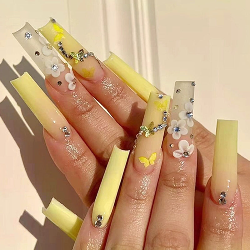 (Hand made nail) European and American Spicy Girl Super Long Instagram Dark Small Stand Retro Trapezoidal Shining Diamond Beauty False Nail Patch Detachable Wearable Nail