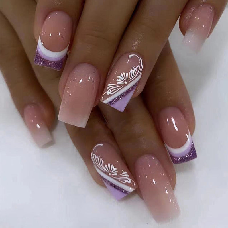 紫色法式穿戴甲花纹nails 法式跨境美甲片外贸假指甲长甲美甲贴片