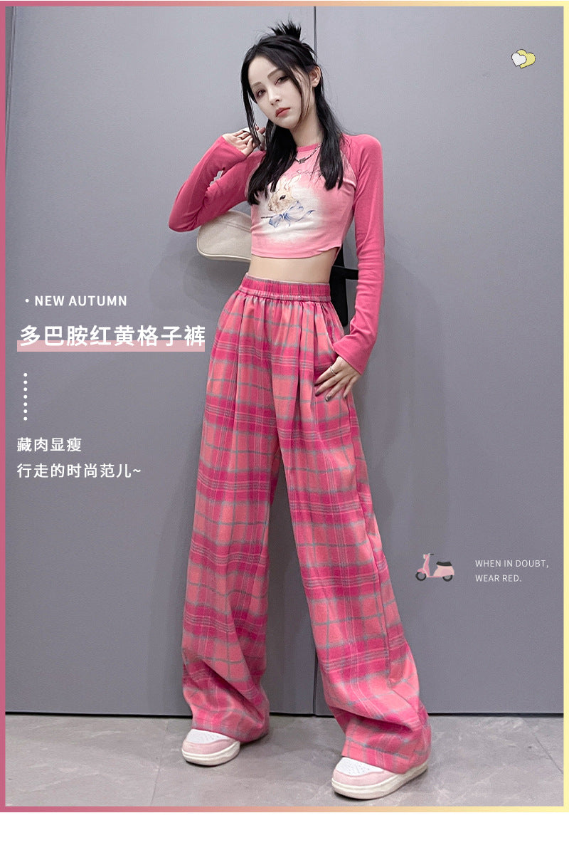 Dopamine pants Free shipping Tattoo Autumn 24 new dopamine plaid pants women's high-waisted versatile casual trousers narrow version vertical contrasting wide-leg trousers