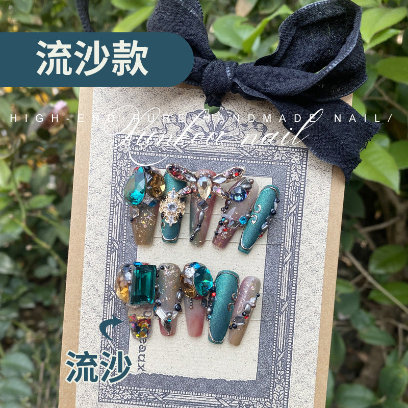 (Hand-Made Nail) Handmade Wear Nail Factory Straight Hair Quicksand Manicure Green Fat Red Thin Gem Box Flash Dragonfly Diamond in the Debris Flow Hemp
