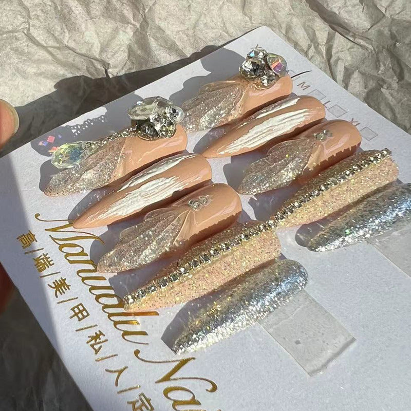 (Hand-Made Nail) Luxury Fairy Nail Art Handmade Wear Nail Crystal Ice Snow Beauty Fishtail Shell Nail Art Bridal High-Grade Disassembly