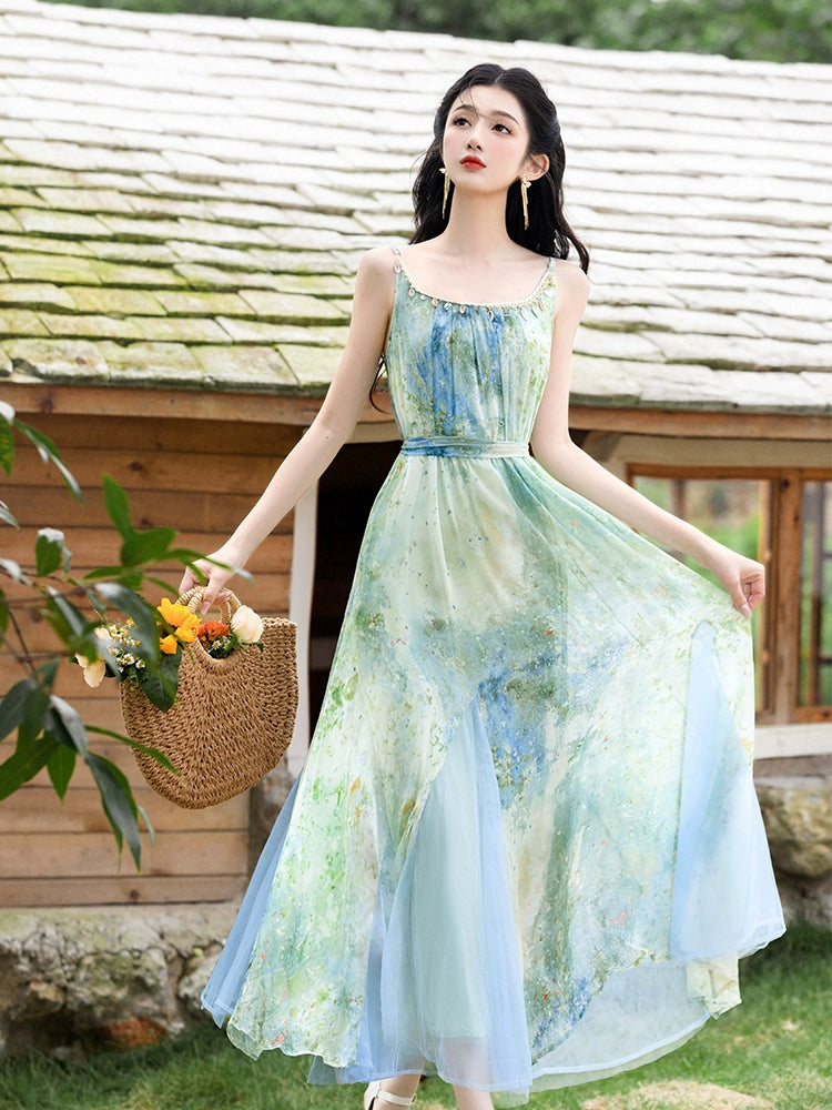 Dopamine dress Free shipping Tattoo Summer Dopamine Women's Retro French Style Green Suspender Dress with Cardigan Fairy Holiday Dress