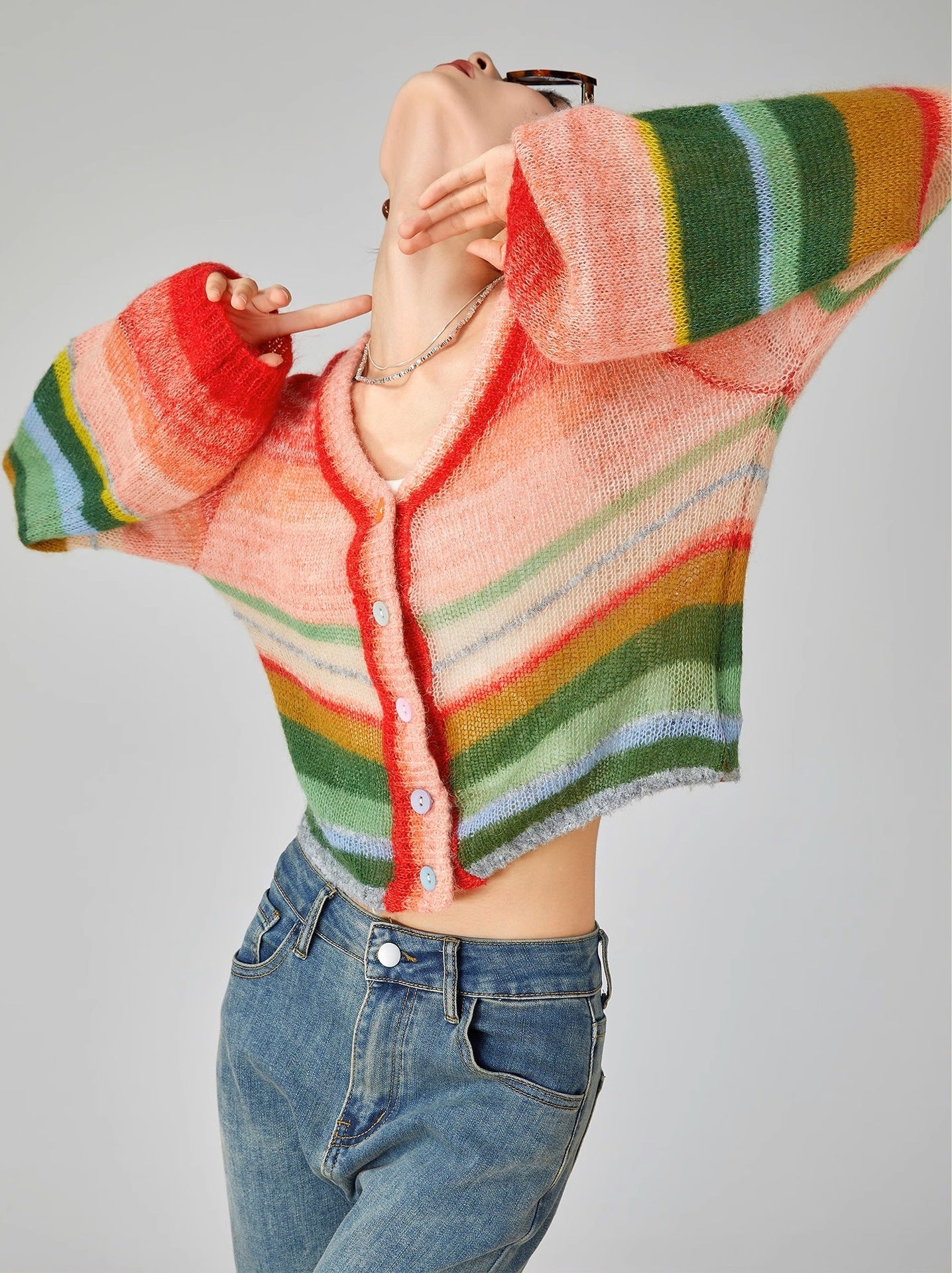 Dopamine tops Free shipping Tattoo Rainbow contrasting mohair striped knitted sweater women's thin 2024 spring and autumn new dopamine outer cardigan top