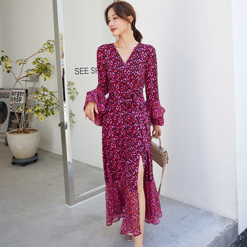 Fashion women's wear Small Red Lip Lantern Sleeve Collarless Long Dress One-Piece Elegant New Leopard Print Printed V-neck Lace-up Wrap Skirt