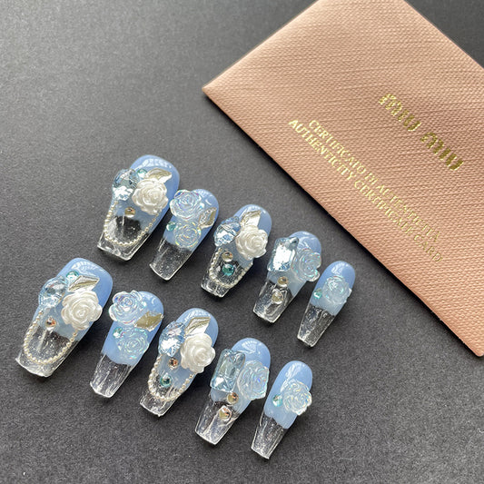 【纯手工实拍】蓝色琉璃透底冰封玫瑰清新温柔穿戴甲美甲指甲贴