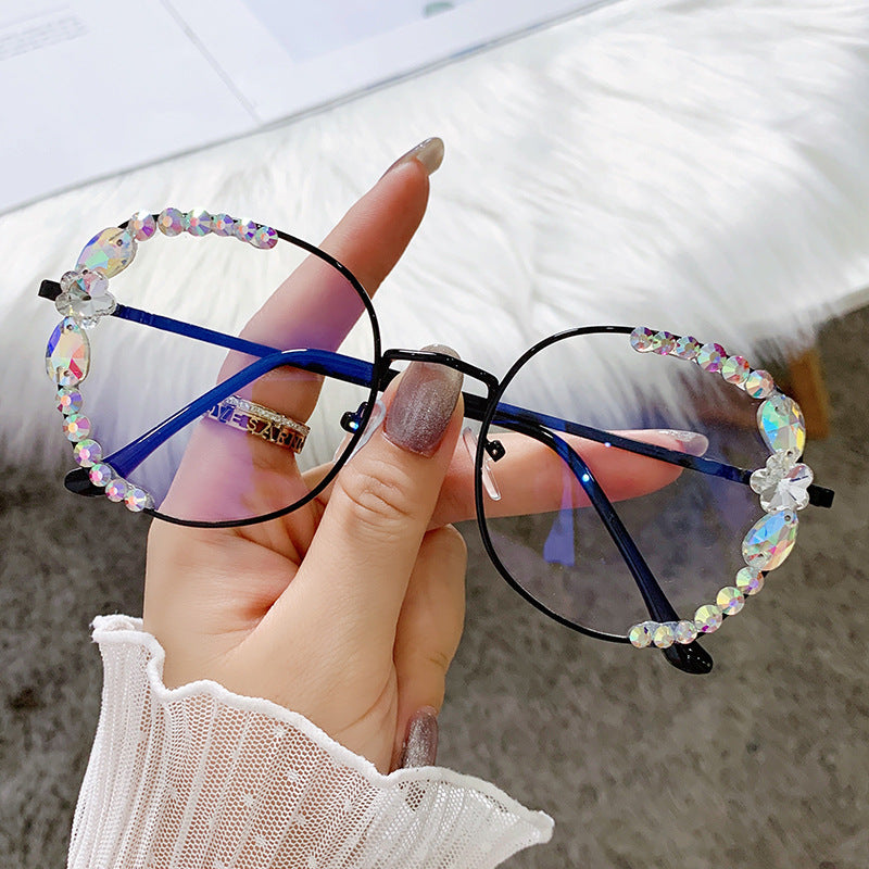 Women's fashion glasses镶钻防蓝光防疲劳眼镜女电脑护目平面无度数玩手机保护眼睛