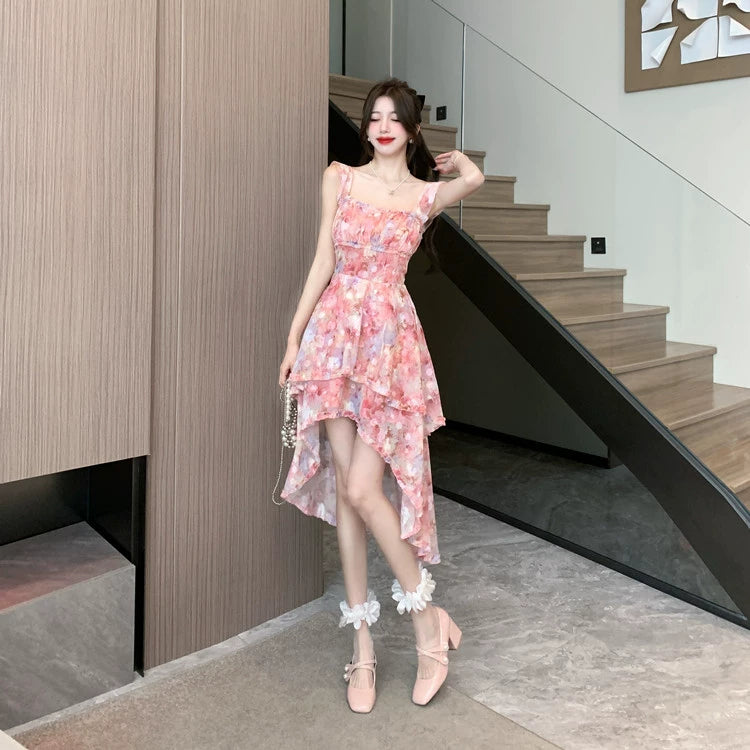 Fashion women's wear Sexy Halter Strap Floral Dress Women's Summer Seaside Vacation Beach Fairy Dress Irregular Trailing Skirt