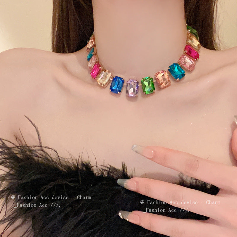 彩色镶钻水晶方形宝石项链欧美小众新款锁骨链时尚甜酷风项饰