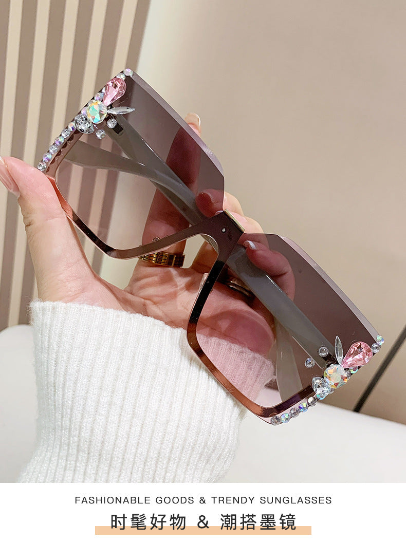 Women's fashion glasses 新款欧美半框闪耀水钻时尚连体太阳镜素颜女式墨镜简约潮流太阳镜