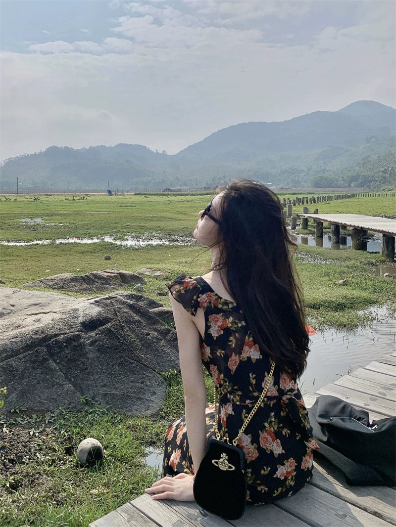 Fashion women's wear Tea Break French Floral Strap Dress Women's Summer Small Flounced Sleeve Tight Waist Fishtail Hip Skirt Seaside Holiday Beach Skirt