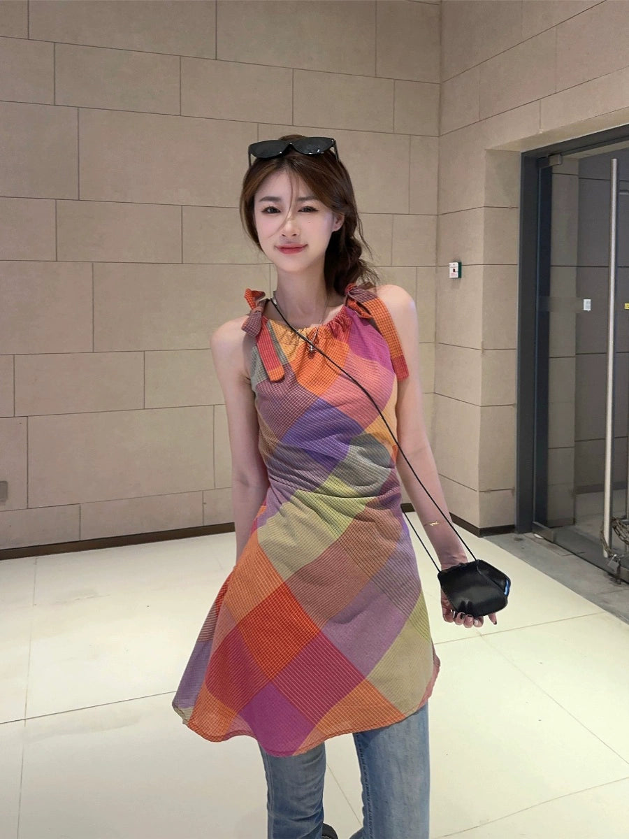 Dopamine dress Free shipping Tattoo Dopamine wears a chic neck sling skirt for women's summer 2024 new holiday style waist beautiful temperament dress