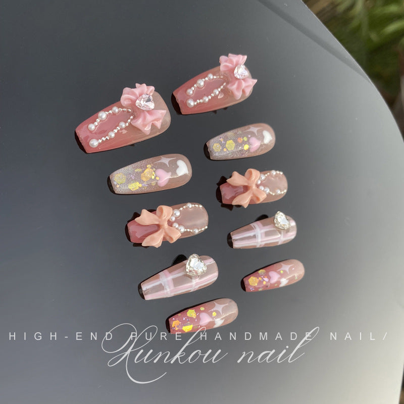 (Hand-Made Nail) Gentle Blush Pure Desire Bow Ice Transparent Bridal Pearl Heart Handmade Wear Nail Finished Detachable Beauty