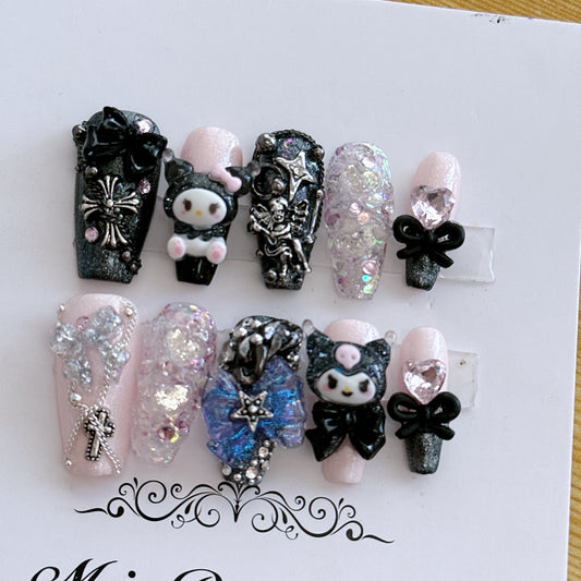 (Hand-Made Nail) Hand-Worn Nail Pink Black Hot Girl Sweet Cool Coolomi Bow Nail Stickers Finished Product Wholesale