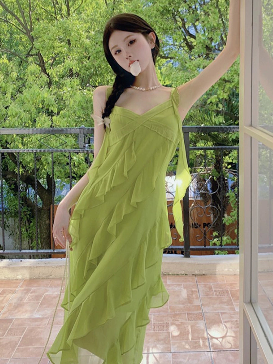 Fashion women's wear French Style Green Suspenders Dress Women's Summer V-neck Elegant Ruffle Waist-Tight Seaside Vacation Beach Dress