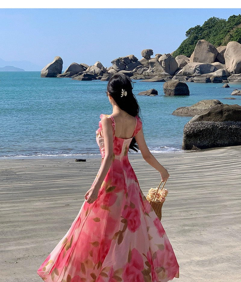 Fashion women's wear Tea Break French Chiffon Sling Dress Fairy Summer Sanya Seaside Vacation Beach Swing Long Dress Elegant