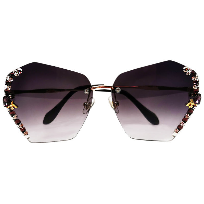 Women's fashion glasses 网红带钻墨镜女2022小蜜蜂水钻无框大脸显瘦太阳眼镜女防紫外线