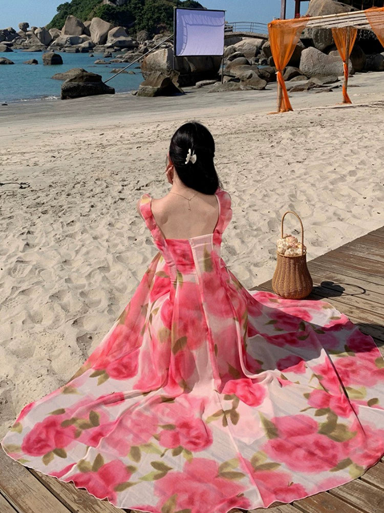 Fashion women's wear Tea Break French Chiffon Sling Dress Fairy Summer Sanya Seaside Vacation Beach Swing Long Dress Elegant