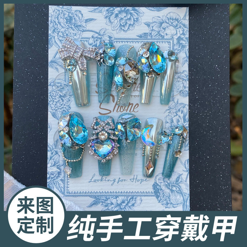 (Hand-Made Nail) Handmade Wear Nail Manicure Heavy Work Light Luxury Blue Star River Flash Diamond Ice Transparent Blooming Bow Hand Painted