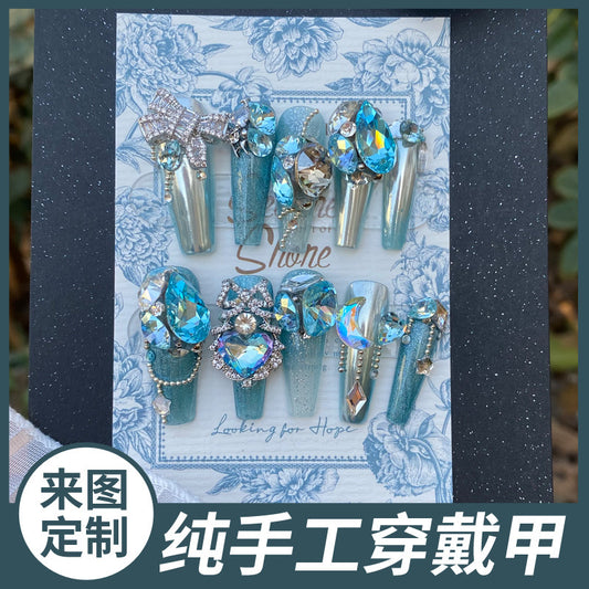 (Hand-Made Nail) Handmade Wear Nail Manicure Heavy Work Light Luxury Blue Star River Flash Diamond Ice Transparent Blooming Bow Hand Painted