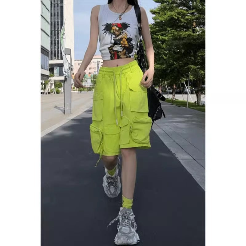 Dopamine pants Free shipping Tattoo Clearance tail goods~ Counter label cutting dopamine candy color tooling shorts women's summer high waist big pocket five-point pants