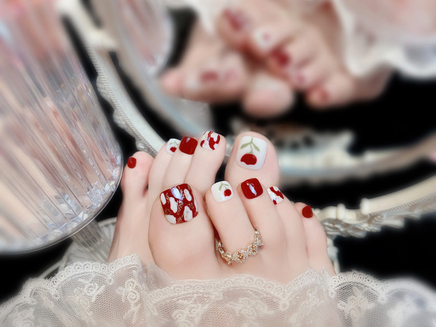 Fashion  nail New Fresh Manicure Wear Nail Ins Wine Red Small Flower Nail Patch Toenail Toenail Manicure J4