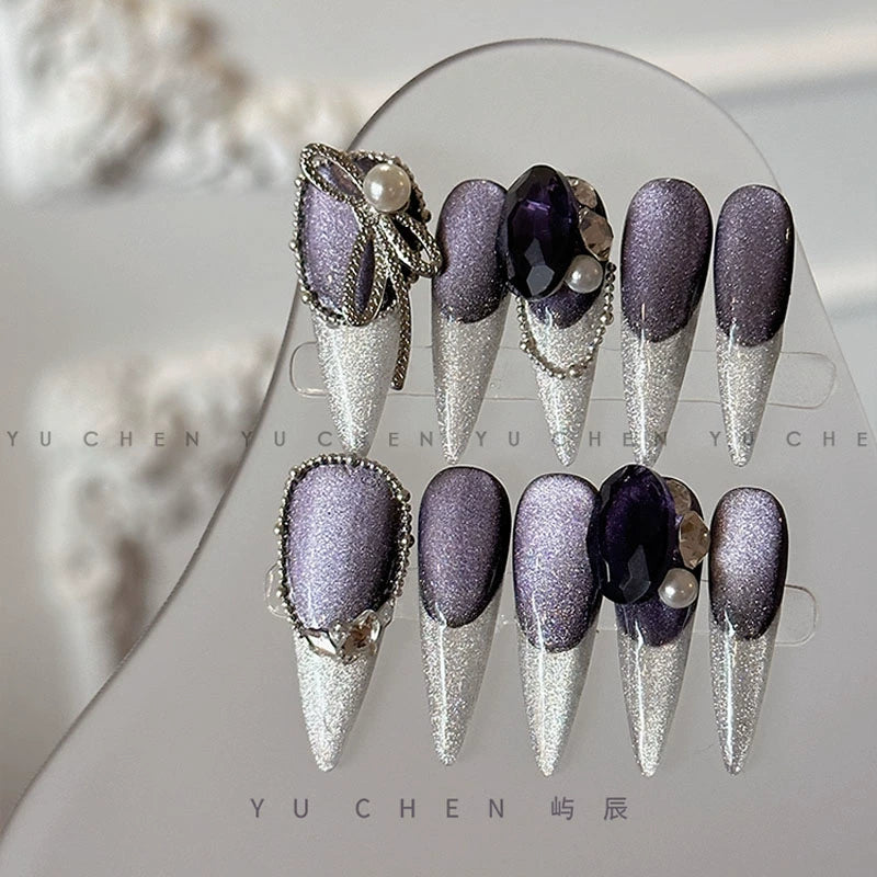 (Hand-made nail)屿辰原创| 紫色魅境k9冰透猫眼显白法式美甲中长款手工定制穿戴甲