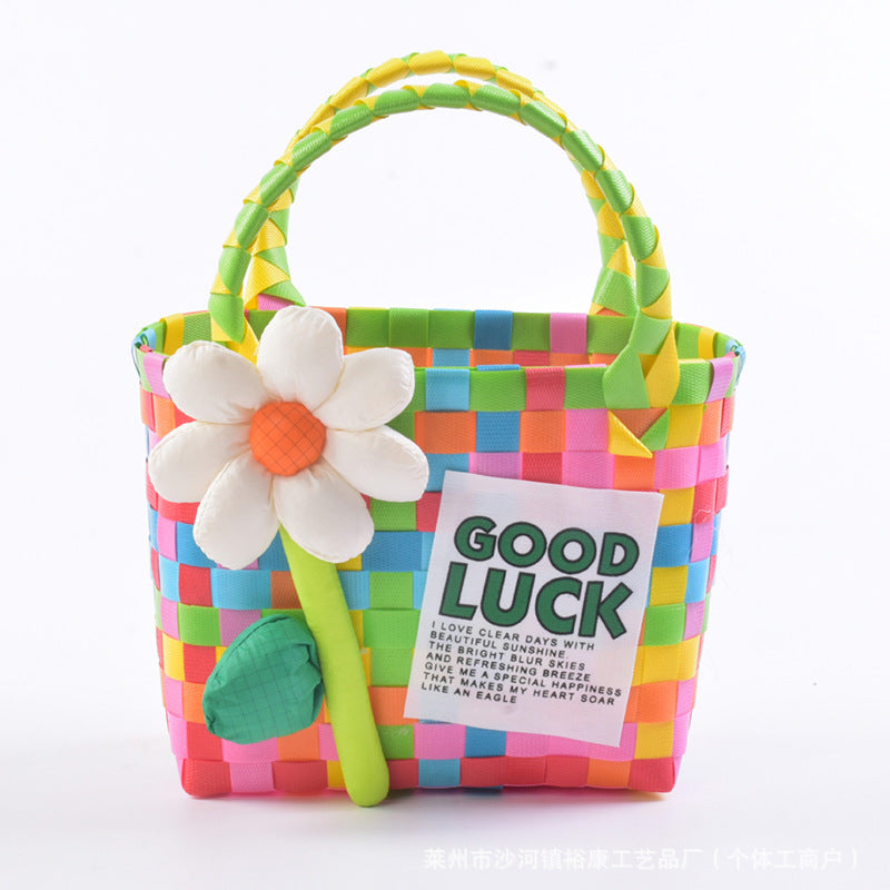 Dopamine Bag Free shipping Tattoo Cartoon dopamine plastic woven bag, trendy macaron hand-woven vegetable basket bag, cute casual seaside beach bag