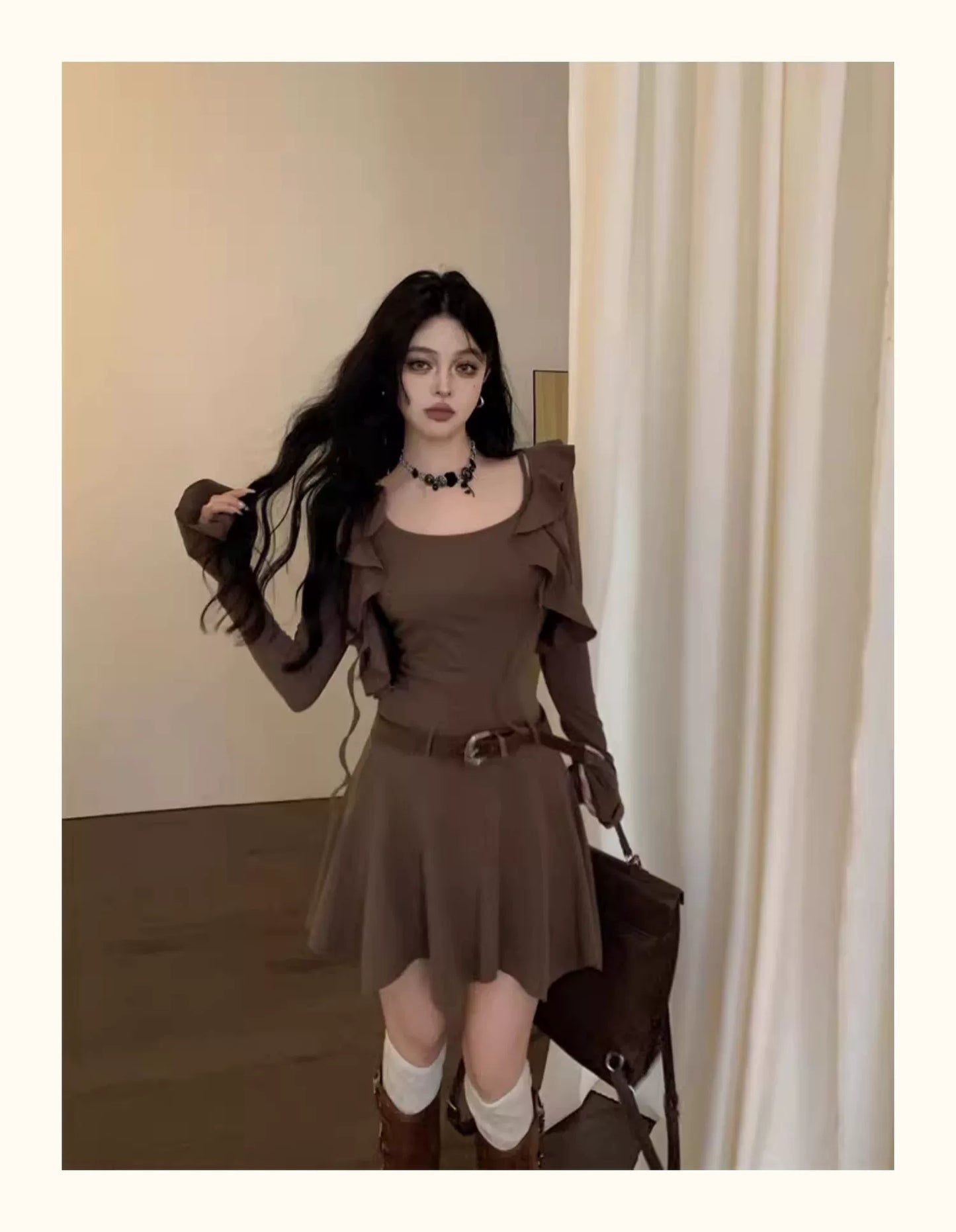 Fashion women's wear Brown Sleeveless Sling Dress Women's Summer Hot Girl Fitted Waist Pleated A- line Short Skirt Ruffled Cardigan Two-Piece Set