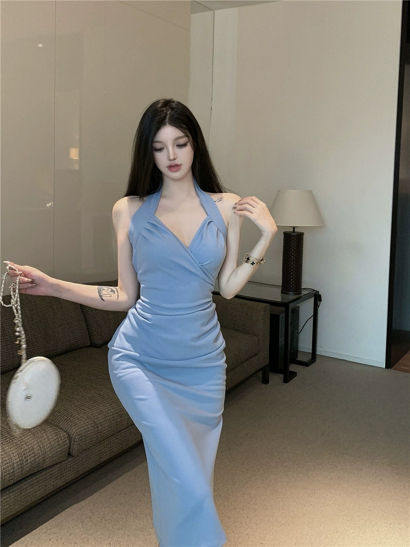 Fashion women's wear Sexy Hot Girl Elegant Halter V-neck Strap Dress Women's Summer New Pure Want to Tight Waist Sheath Mid-Length Skirt