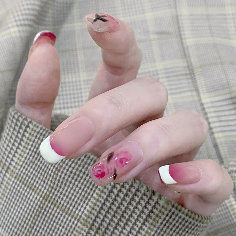 玫瑰少女水墨晕染春夏穿戴甲指甲贴片美甲片假指甲美甲贴成品甲片