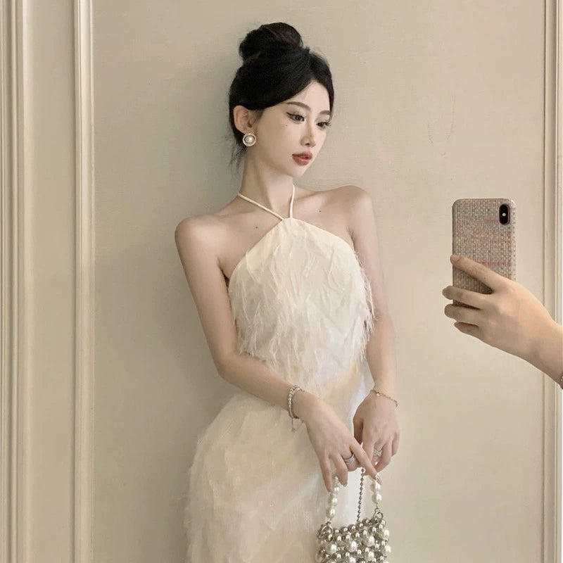 Fashion women's wear French Backless Tassel Halter Spaghetti Straps Dress Women's Spring Temperament Advanced Sexy Engagement License Birthday Party Formal Dress