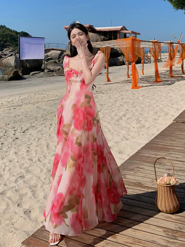 Fashion women's wear Tea Break French Chiffon Sling Dress Fairy Summer Sanya Seaside Vacation Beach Swing Long Dress Elegant